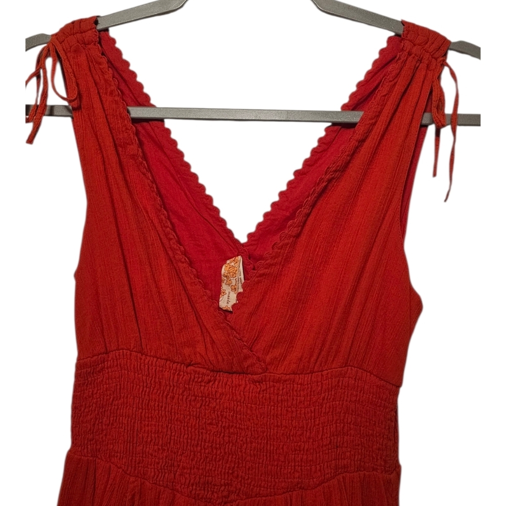 Maeve Anthropologie Red Smocked Waist Cotton Midi Dress Sz 6 Boho Cottagecore - Picture 2 of 9